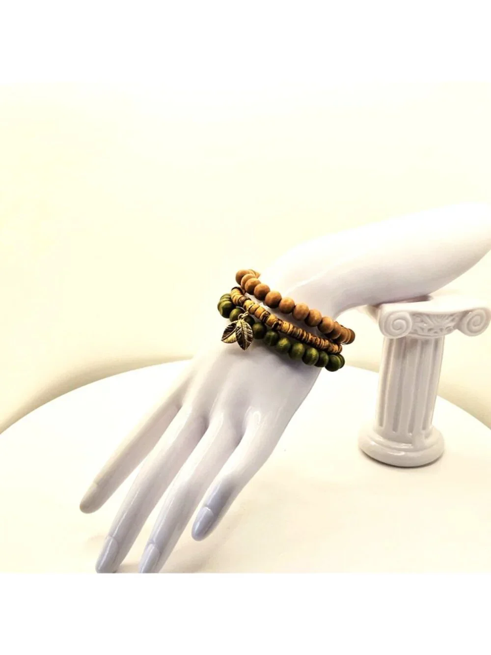 Boho Wood Bracelet Stack, Leaf Charm Bracelet Set, Earthy Beaded Bracelet